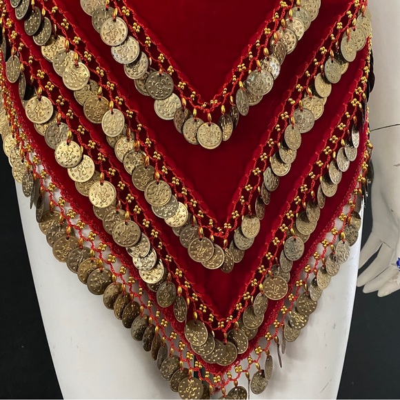 Red Velvet Gold Coin Triangle Hip Scarves Belly Dance - Picture 3 of 6